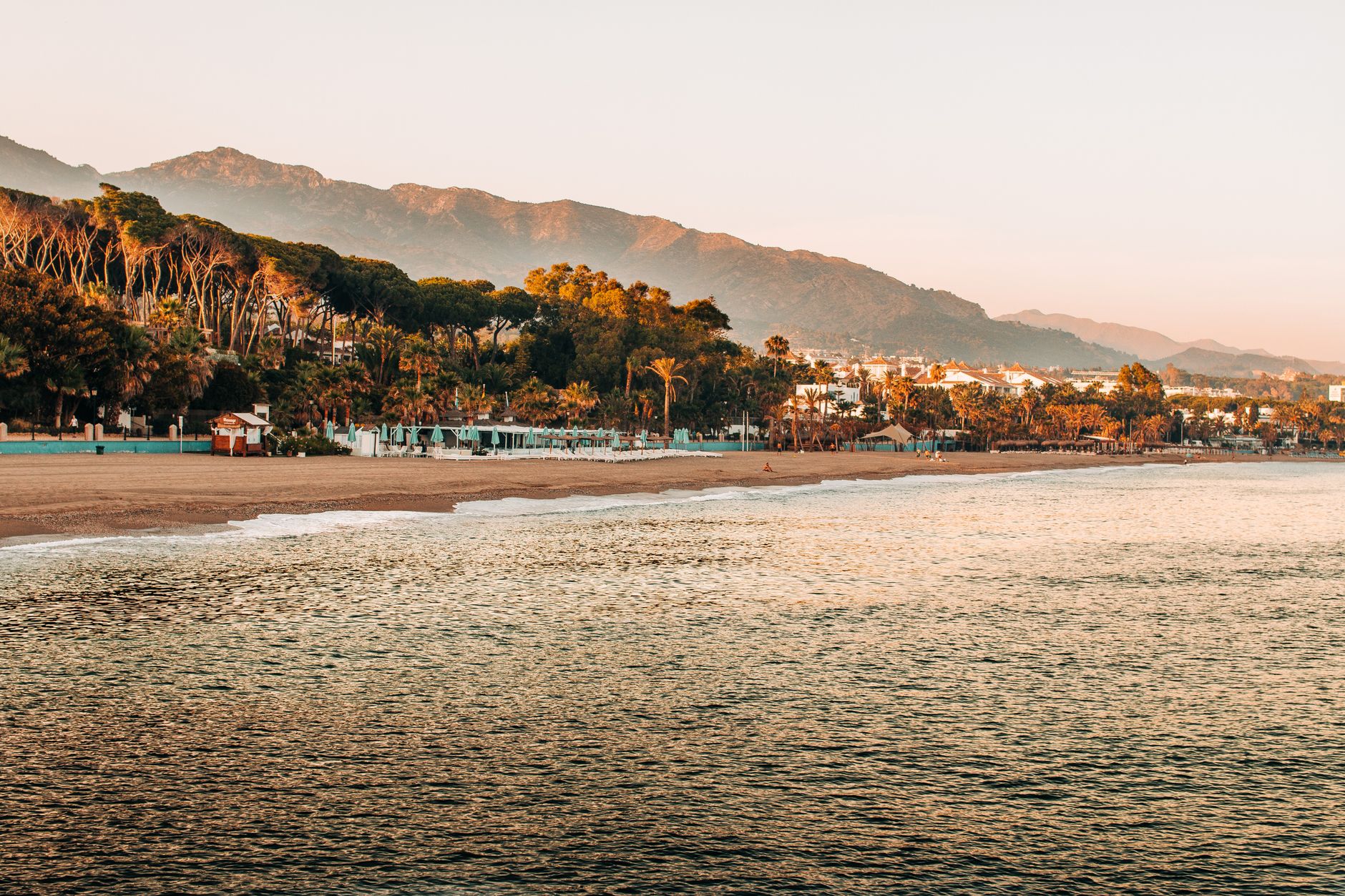 Coastal landscape with beach, mature trees, and mountains in Marbella